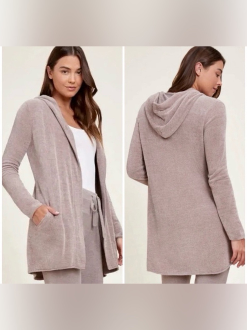 Barefoot Dreams CozyChic Lite Hooded Cardigan Taupe Open Front